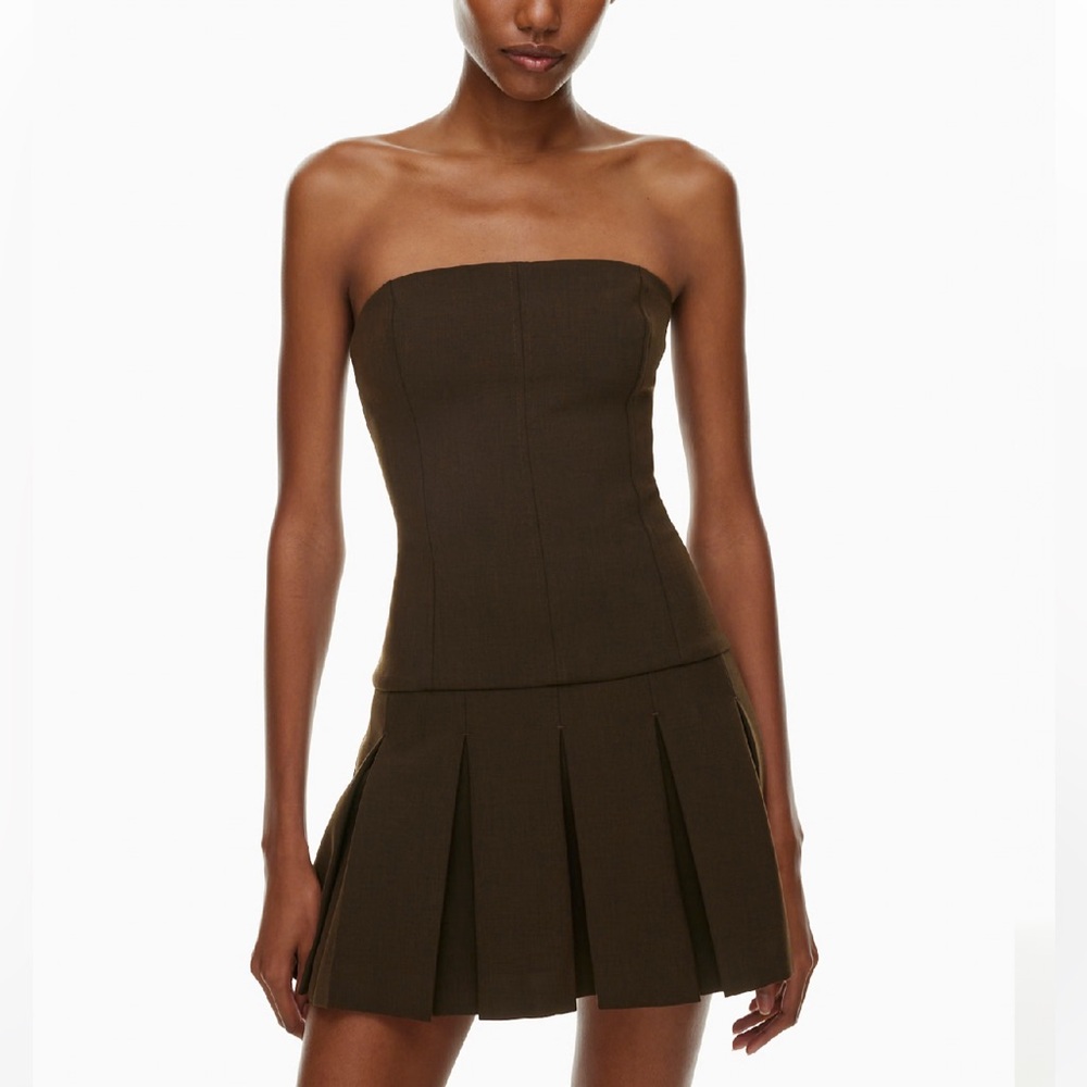 ARITZIA WILFRED POLISHED STRAPLESS MINI DRESS in Heather rich cocoa